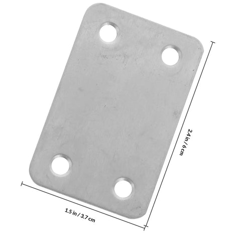Close-up of stainless steel flat bracket with 5mm hole spacing, part of 12 pack silver corner brace plates for wood shelves.