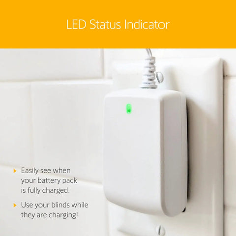 V2 Wirefree Motor Charger For External Battery Pack To Power Motorized Shades with LED indicator plugged into wall outlet