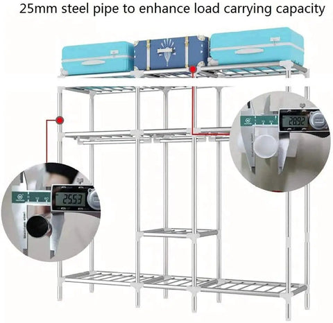 Next Level Portable Closet Wardrobe With Amped Up Bedroom Shelves And Pro Grade Fabric Build showing 25mm steel pipe for durability.