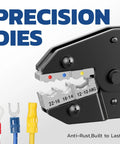Ratcheting Crimping Tool For Insulated Wire Connectors with precision dies for AWG 22-10, color-coded for quick, accurate terminals.