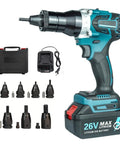 No Sweat Heavy Duty Cordless Rivet Nut Gun Set With 26 Volt 5200mah Power Pack And Dual Speed Modes For Smooth M3 M12 Fastening On Busy Work Sites, showcasing the tool and accessories.
