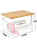 Kicking Clutter Away Trash Bag Dispenser 2 Pack fits under sink, acrylic box with bamboo top, 11.2x7.5x7 inches.