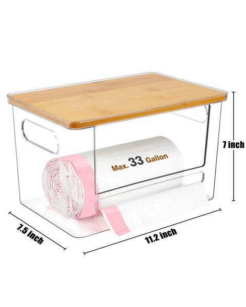 Kicking Clutter Away Trash Bag Dispenser 2 Pack fits under sink, acrylic box with bamboo top, 11.2x7.5x7 inches.