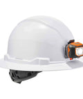 Hard Hat With Light And Full Brim Ratchet Suspension Class E Skullerz 8971LED white side view with LED light and sweatband