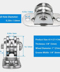 Dimensions of Beefy Heavy Duty Fixed Pulley Block Wheel Set For Cord Handling Silent Wall Or Ceiling Mount Pulleys 176 Lb Load