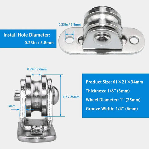 Dimensions of Beefy Heavy Duty Fixed Pulley Block Wheel Set For Cord Handling Silent Wall Or Ceiling Mount Pulleys 176 Lb Load