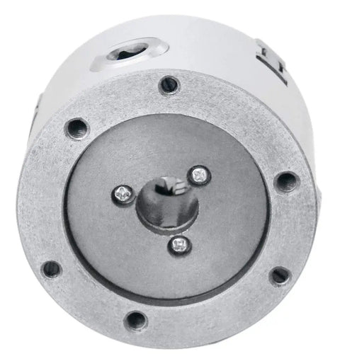 Front view of Three Jaw Chuck Plain Back 3 Inch Capacity 80 Millimeters Precision Machining Chuck With Three Thousandths Of An Inch TIR Built Rugged Semi Steel Body Includes Outside And Inside Jaw Sets For Versatile Workholding.