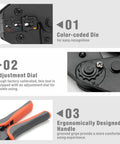 Close-up of Crimp Like A Pro Wire Crimping Tool Kit with color-coded die, adjustment dial, and ergonomic handle for insulated terminals.
