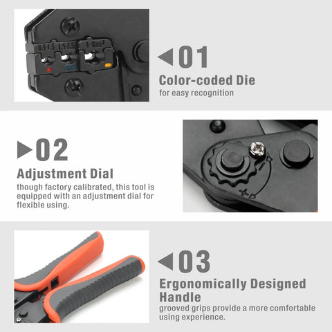 Close-up of Crimp Like A Pro Wire Crimping Tool Kit with color-coded die, adjustment dial, and ergonomic handle for insulated terminals.