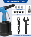 Heavy Duty Pneumatic Rivet Gun With 4000 LBF Pulling Power, quick install riveter set, includes nozzles, nose pieces, auxiliary tools.