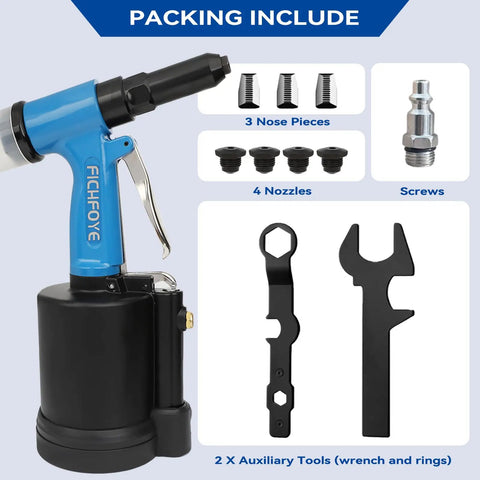 Heavy Duty Pneumatic Rivet Gun With 4000 LBF Pulling Power, quick install riveter set, includes nozzles, nose pieces, auxiliary tools.
