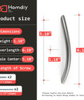 Image of product dimensions for 10 Pack 5 Inch Brushed Nickel Cabinet Pulls Arched Drawer Handles with 5.10 inches hole center.