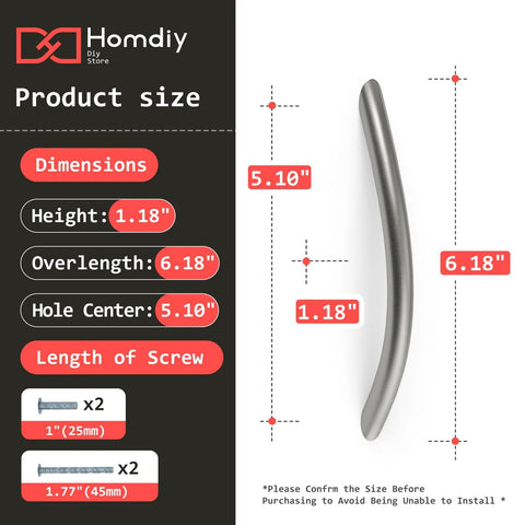 Image of product dimensions for 10 Pack 5 Inch Brushed Nickel Cabinet Pulls Arched Drawer Handles with 5.10 inches hole center.