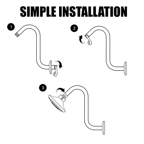 Diagram showing 12 Inch High Rise Shower Extension Arm in Chrome with Flange S Shaped Design for easy install instructions