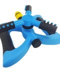 Blue plastic rotary yard sprinkler with wide coverage for lawns and gardens adjustable spray patterns and angles connect multiple units.