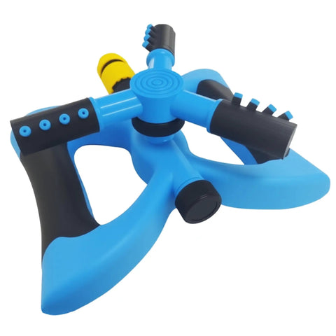 Blue plastic rotary yard sprinkler with wide coverage for lawns and gardens adjustable spray patterns and angles connect multiple units.