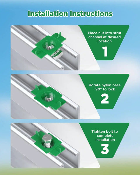 Installation instructions for 5/16 Inch 18 Nylon Strut Channel Cone Nut and Bolt Kit 20 Pack with 1/2 Hex Head Galvanized Steel Bolts.