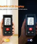 Heavy Duty Digital Laser Distance Meter 131 Ft Measuring Tool With Glowing Backlit Lcd Screen in day and night settings.