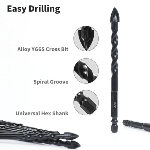 Image shows a single drill bit from a 10 Piece Masonry Drill Bit Set with 1/4 Inch Hex Shank for concrete, brick, tile, glass, and cement projects.