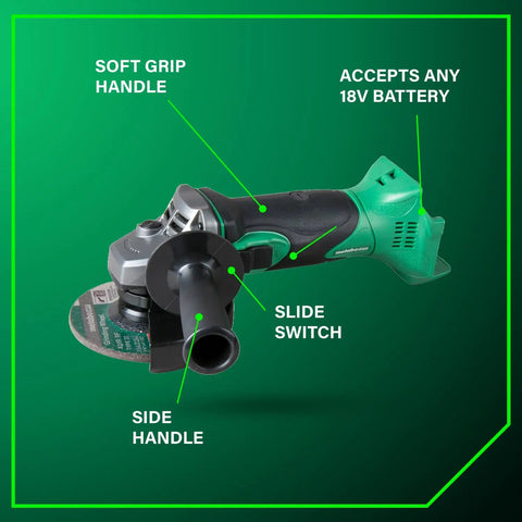 Cordless 18V 4-1/2 Inch Angle Grinder Kit With Slide Switch Boss Torque Battery Charge Indicator and soft grip handle