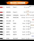 Front view: wiring diagram for NEWTRY 8-button 12V wireless crane remote transmitter/receiver with color-coded wires.