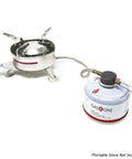 Isobutane Camping Stove Fuel Blend Four Season Butane Propane Mix with screw-on fitting next to a portable stove
