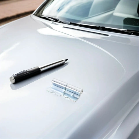 Heavy Duty Left Side Truck Cargo Box Panel Hinges Two Sets on silver car hood beside pen for installation details.