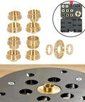 Beefed Up Brass Router Template Guide Bushing Kit With Lock Nut Adapter And Sturdy Bag showing eight brass rings and locking nuts.