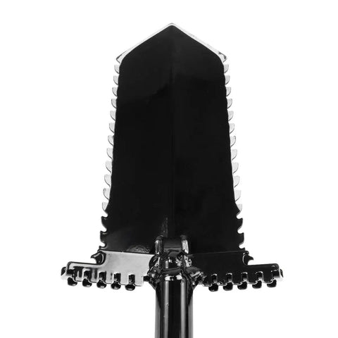 Close-up of NX6 Tempered Steel 36 Inch Shovel With Double Serrated Blade And Wide Non Slip Foot Pegs for tough yard work.