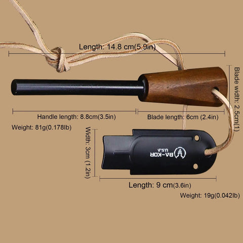 Go-To 5.9 Inch Ferro Rod Fire Starter Kit With Wooden Handle And Sheath Waterproof Flint Steel Ignition For Camping Hiking And Survival Delivers 25,000 Plus Strikes At 5500F In Any Weather next to sheath.