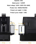 Fully Automatic Espresso Coffee Machine With Built In Grinder And Brewer Dual Bean Or Powder Mode For Lattes And Cappuccinos Auto Clean System sleek black design with dimensions and accessories
