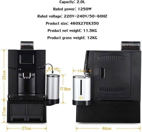 Fully Automatic Espresso Coffee Machine With Built In Grinder And Brewer Dual Bean Or Powder Mode For Lattes And Cappuccinos Auto Clean System sleek black design with dimensions and accessories