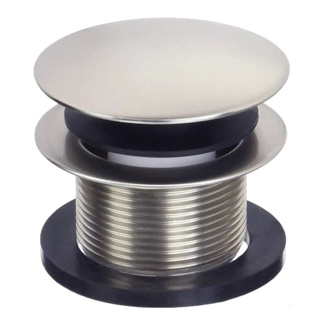 Swanky Satin Nickel Mushroom Tip Toe Bathtub Drain Stopper 1 1 2 Inch NPSM Coarse Thread Push Button Drain Plug view from top with smooth cap.