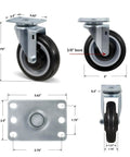 Heavy Duty 5 Inch Polyurethane Caster Set Of 4 With 1400 Lb Capacity showing dimensions of swivel and rigid plates.