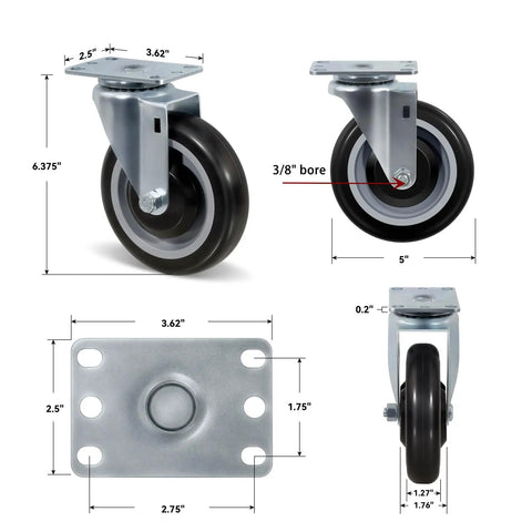 Heavy Duty 5 Inch Polyurethane Caster Set Of 4 With 1400 Lb Capacity showing dimensions of swivel and rigid plates.