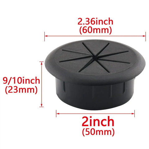 Two Pack 2-Inch Desk Cord Grommets For Cable Management Black 50mm Hole Covers dimensions shown in inches and millimeters