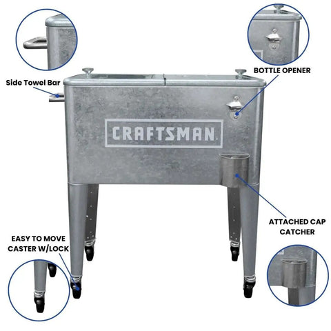 Front view of Craftsman 60-Quart Galvanized Cooler With Wheels with towel bar, bottle opener, and cap catcher.