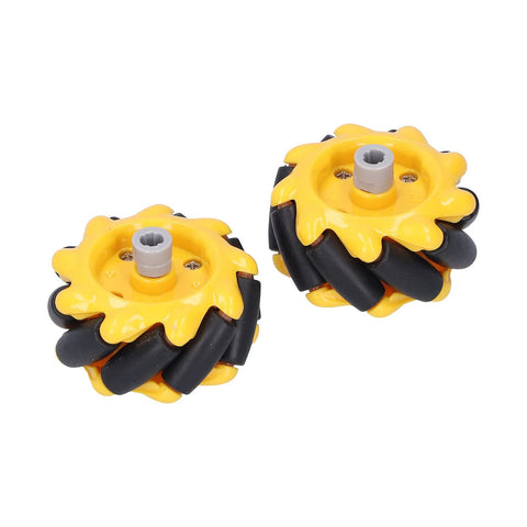 Two yellow mecanum wheels with gray hubs and black rollers for omnidirectional robot cars