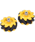 Pair of yellow and black 48mm Mecanum wheels with gray axles for DIY robot car