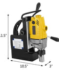 Powerful 1100w Electromagnetic Mag Drill Press Machine For Heavy Duty Metal Drilling shown from side, measuring 11.5" x 10.5" x 3".