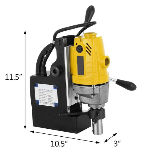 Powerful 1100w Electromagnetic Mag Drill Press Machine For Heavy Duty Metal Drilling shown from side, measuring 11.5" x 10.5" x 3".