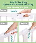 Close-up of double locking system on Extra Wide Walk Through Baby Gate For Kids And Pets, showing how to open with steps.