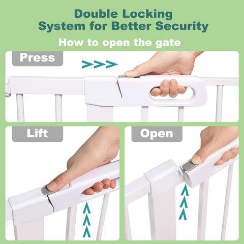 Close-up of double locking system on Extra Wide Walk Through Baby Gate For Kids And Pets, showing how to open with steps.