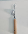 Stainless steel weeder from 5 Piece All In One Garden Tool Set With Large Trowel, Transplanter, Weeder, Hand Rake And Cultivator For Quick Digging, Planting And Weeding, Durable Steel Heads And Ergonomic Handles For Easy, Comfy Garden Work shown with wooden handle on white background.