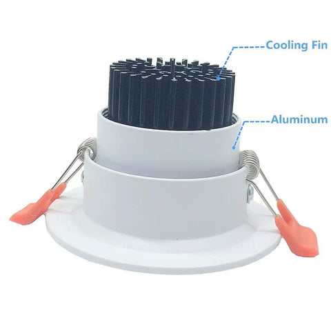 Back view of 2 Inch LED Dimmable Downlight Recessed Ceiling Light with aluminum cooling fin and spring clips, 3W COB Spotlight.