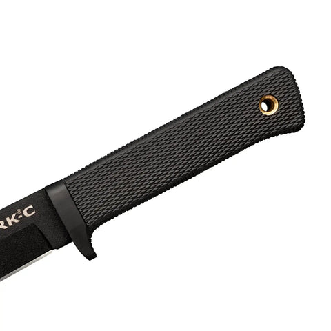 Close-up of SRK Compact Fixed Blade Knife handle with Kray-Ex material showing grip texture and lanyard hole.
