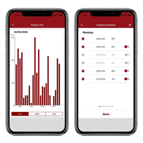 Energy usage log and heating schedule on Ntrust Non Programmable Thermostat With Floor Sensor and Class A GFCI app interface.