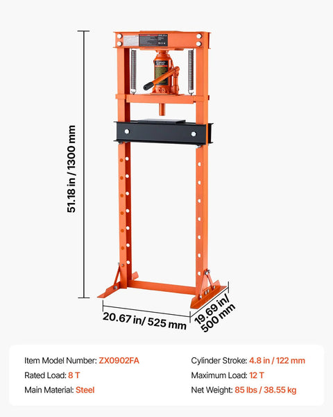 Rock Solid 12 Ton H Frame Shop Press Built Tough As Nails With Smooth Hydraulic Bottle Jack for automotive applications.
