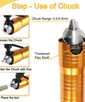 Hella Reliable 1000W Flex Shaft Rotary Tool with Easy Grip Foot Pedal showing chuck adjustment for 0.5-6.5mm and flex shaft details.