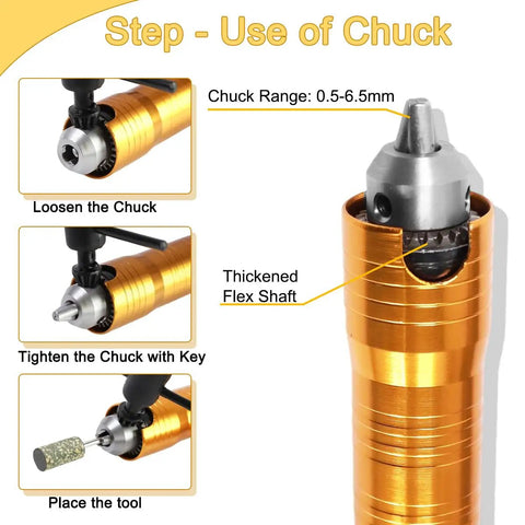 Hella Reliable 1000W Flex Shaft Rotary Tool with Easy Grip Foot Pedal showing chuck adjustment for 0.5-6.5mm and flex shaft details.